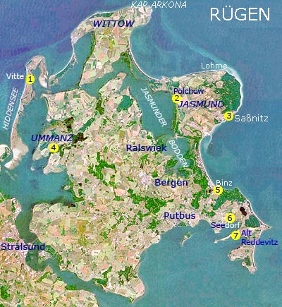 Carte de Rgen, avec la dsignation de quelques restaurants